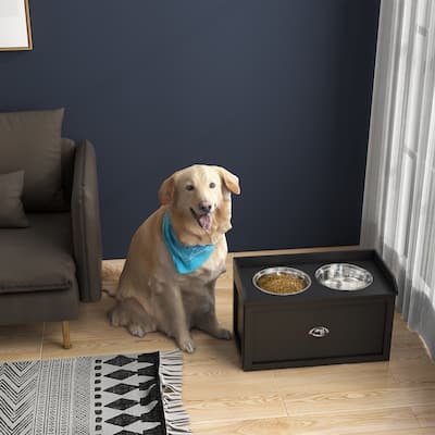 PawHut Dog Feeding Station with Storage Drawer, Removable Elevated Dog Bowls for Large Sized Dogs, Black