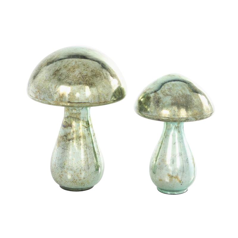 Glass Mushroom Glossy Weathered Decorative Sculpture - Set of 2 Green, Gold, Champane- Roche River Decor