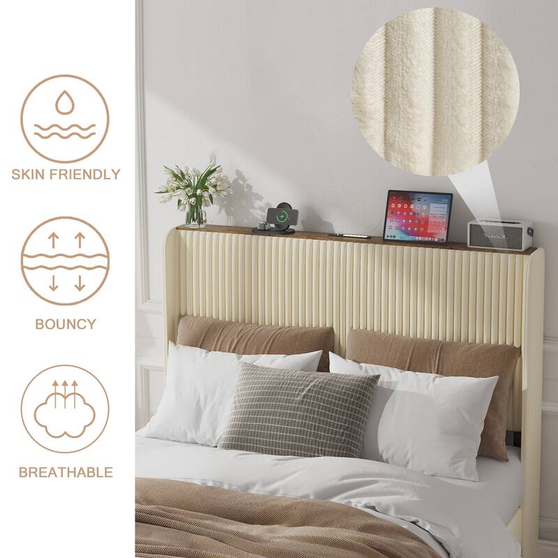 Roomfitters Metal Platform Bed Frame with Charging Station, Heavy Duty Mattress Foundation, No Box Spring Needed, Beige