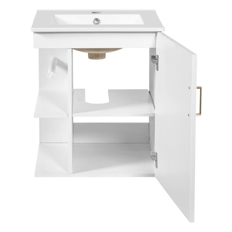 20" Small Floating Bathroom Vanity with Ceramic Sink Combo, Wall Mounted Bathroom Cabinet with Side Shelf