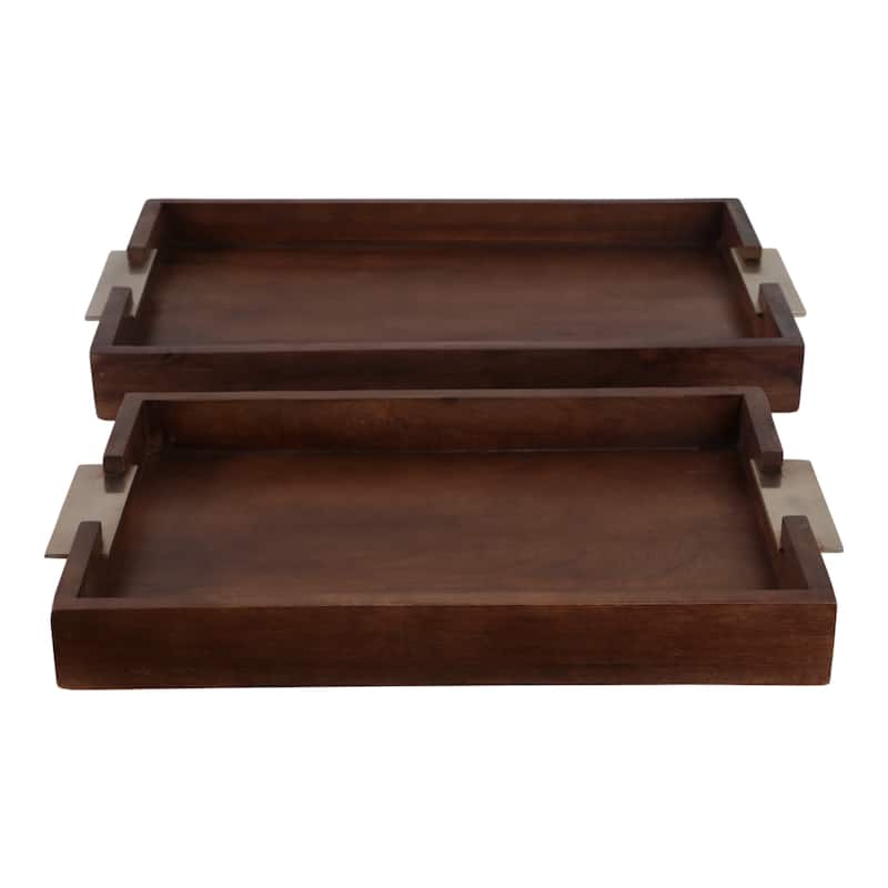 Wood Aluminum Serving Trays with Brass Handles (Set of 2) - 2" Brown - 21.5" x 14" x 2.25" - Brown - 21.5" x 14" x 2.25"