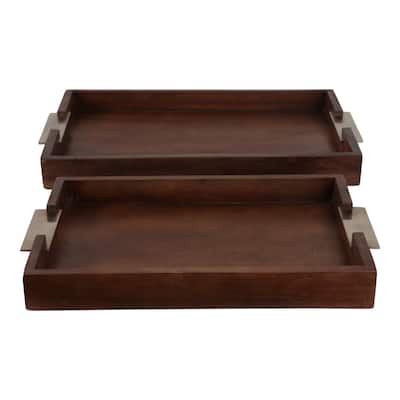 Wood Aluminum Serving Trays with Brass Handles (Set of 2) - 2" Brown - 21.5" x 14" x 2.25"