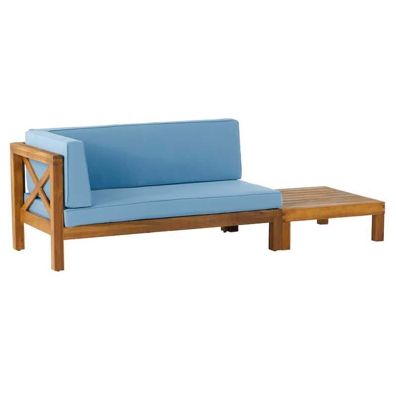 Brava Outdoor Acacia Wood Left Arm Loveseat and Coffee Table Set with Cushion by Christopher Knight Home