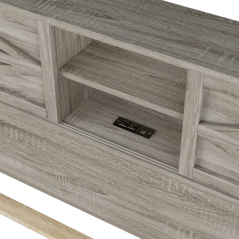 Double Sliding Barn Door Storage Headboard Wood Platform Bed Frame, Charging Station Bookcase Bed, Low Profile Bed