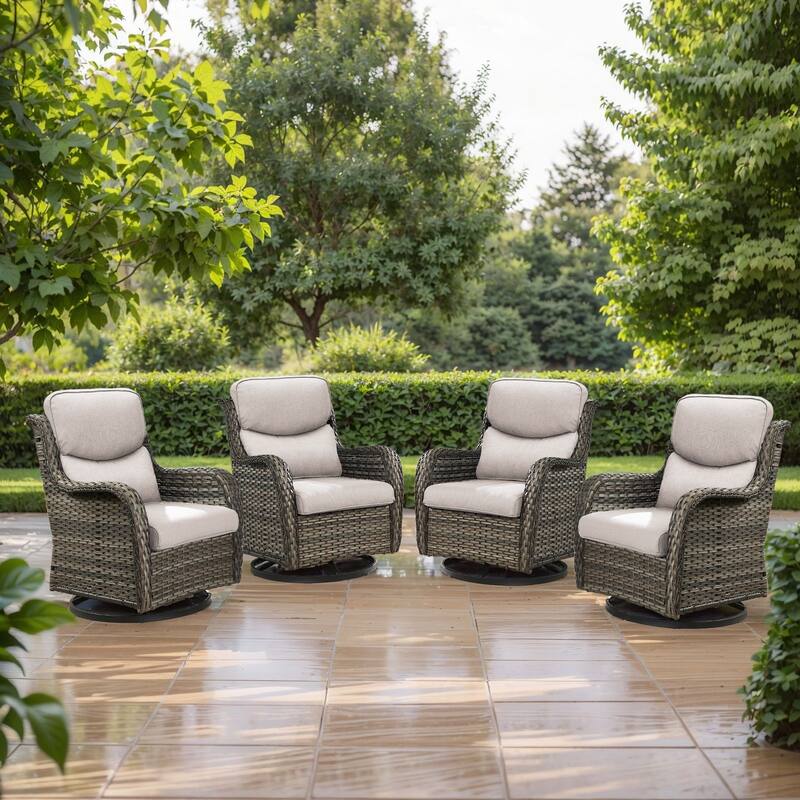 Pocassy Outdoor Swivel Chairs Patio Furniture Set - Grey Rattan - Beige Cushion - 4PCS Swivel Chairs