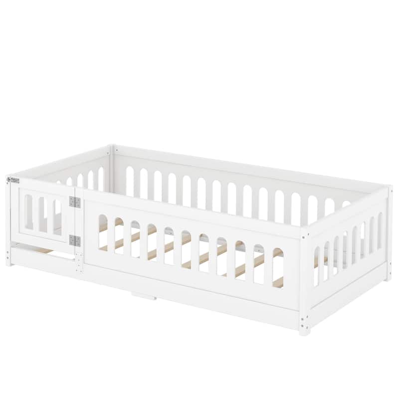 White Bed Frame Montessori Bed Twin Size Toddler Floor Bed with Guardrails and Door for Children Boys Girls Kids Playroom