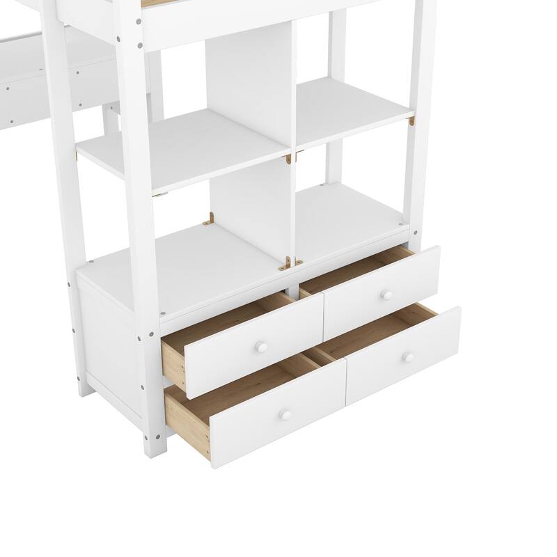 Twin Size Kids Loft Bed with Desk, Storage, Ladder & Safety Guardrail