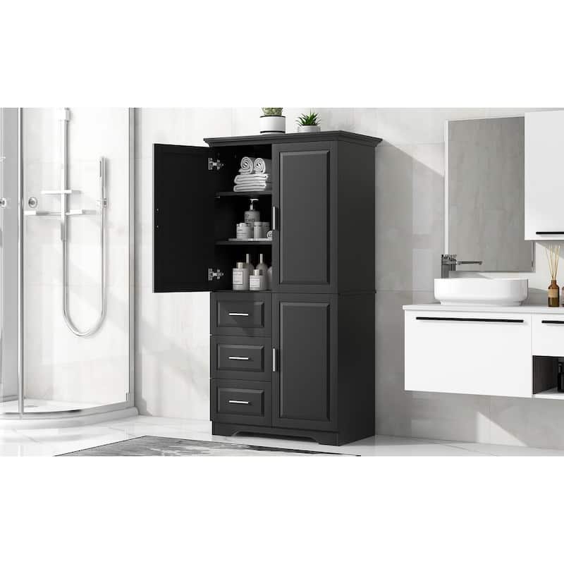 3 Doors 3 Drawer Bathroom Cabinet, Wooden Bathroom Towel Cabinet Large 62-inch Storage Cabinet Bathroom Organizer Cabinet