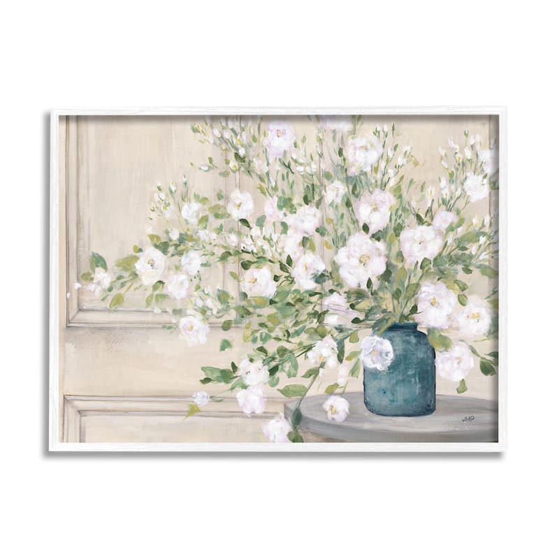 Stupell Geranium Tabletop Country Still Life Painting Blooming Flowers Framed Wall Art - White