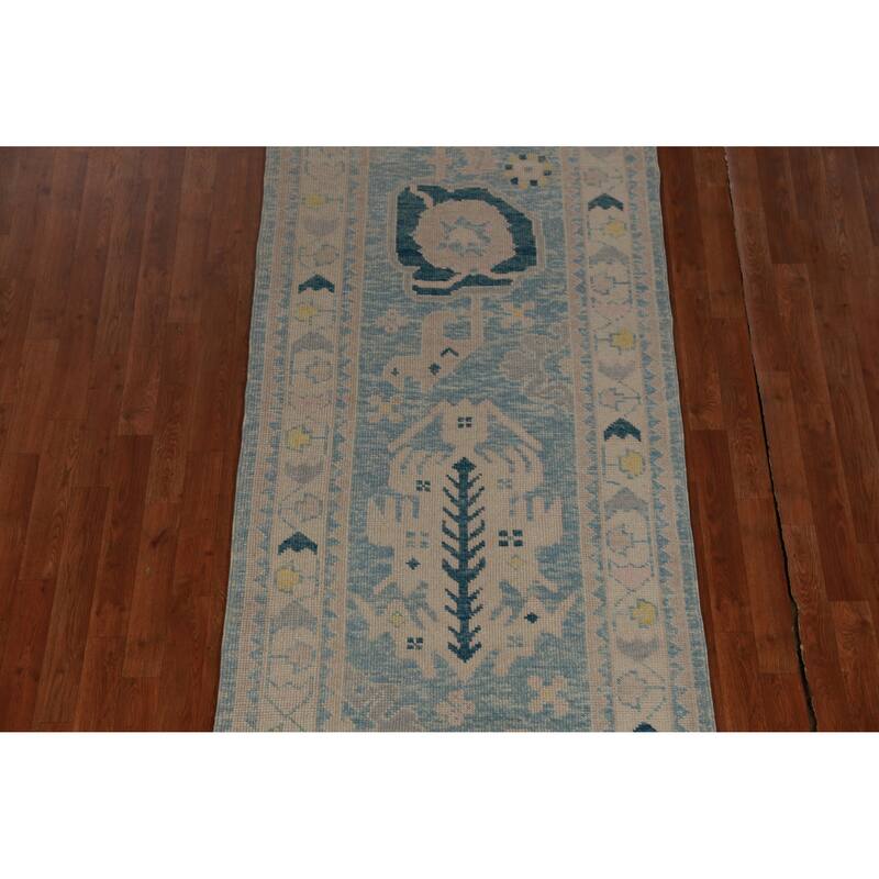 Hand Knotted Oriental 100% Wool Carpet Transitional Geometric Navy Blue & Blues Oushak Runner Rug - 14' 0'' X 3' 4''
