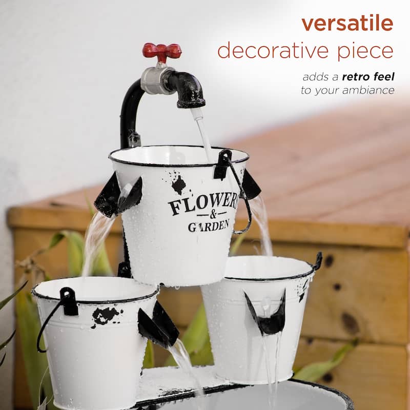 Alpine Corporation 36" Outdoor Floor Buckets with Faucet Water Fountain Vintage, Charming Fountain for Patio & Yard, White