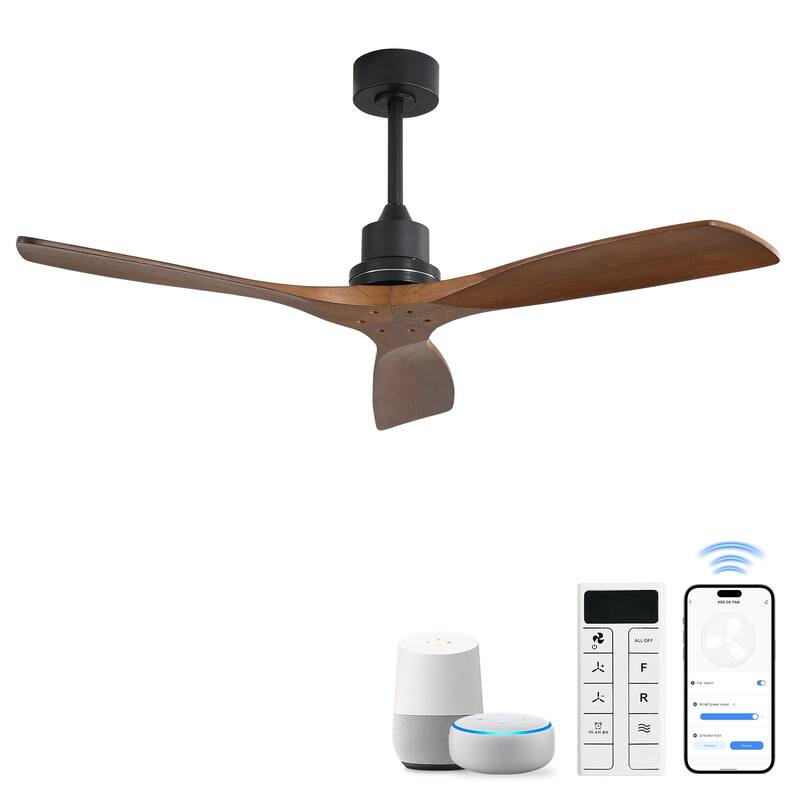 Sofucor 48/52 Inch Ceiling Fan with Light, Solid Wood Blades for Living Room, Bedroom,Smart Optional - 52"-Smart(APP+Voice+Remote Control)-Non-light - Black with Walnut Blades