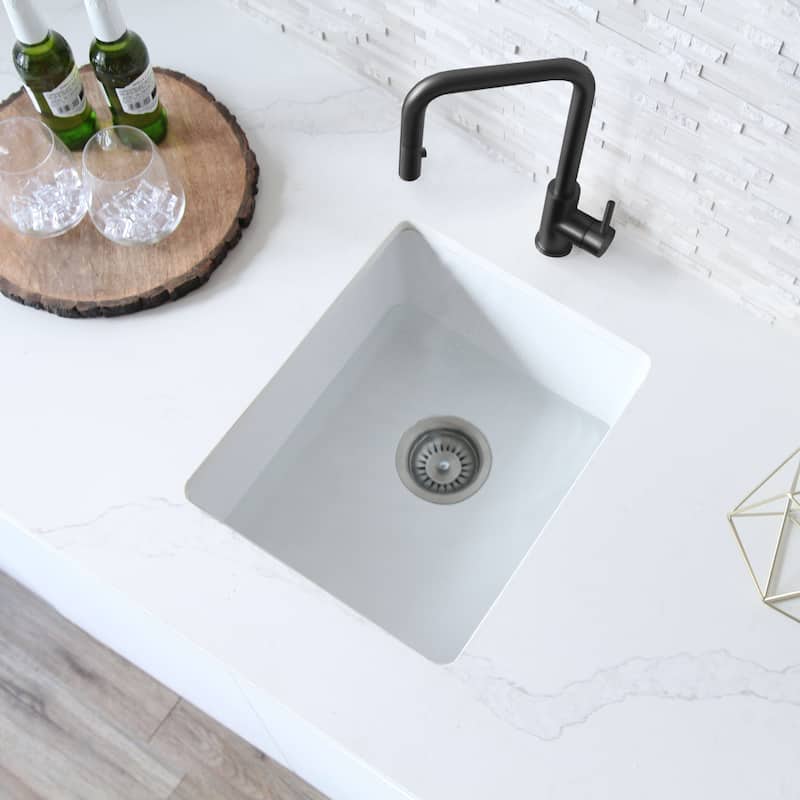 STYLISH 15.5 inches L x 17.5 inches W Dual Mount Single Bowl Composite Granite Kitchen Sink with Strainer - 15.5" x 17.5" x 8.5" - White