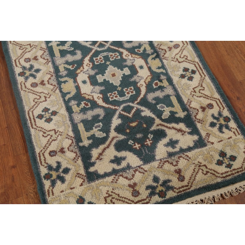 Teal Oushak Indian Runner Rug Hand-Knotted Wool Carpet - 2'7"x 9'11"
