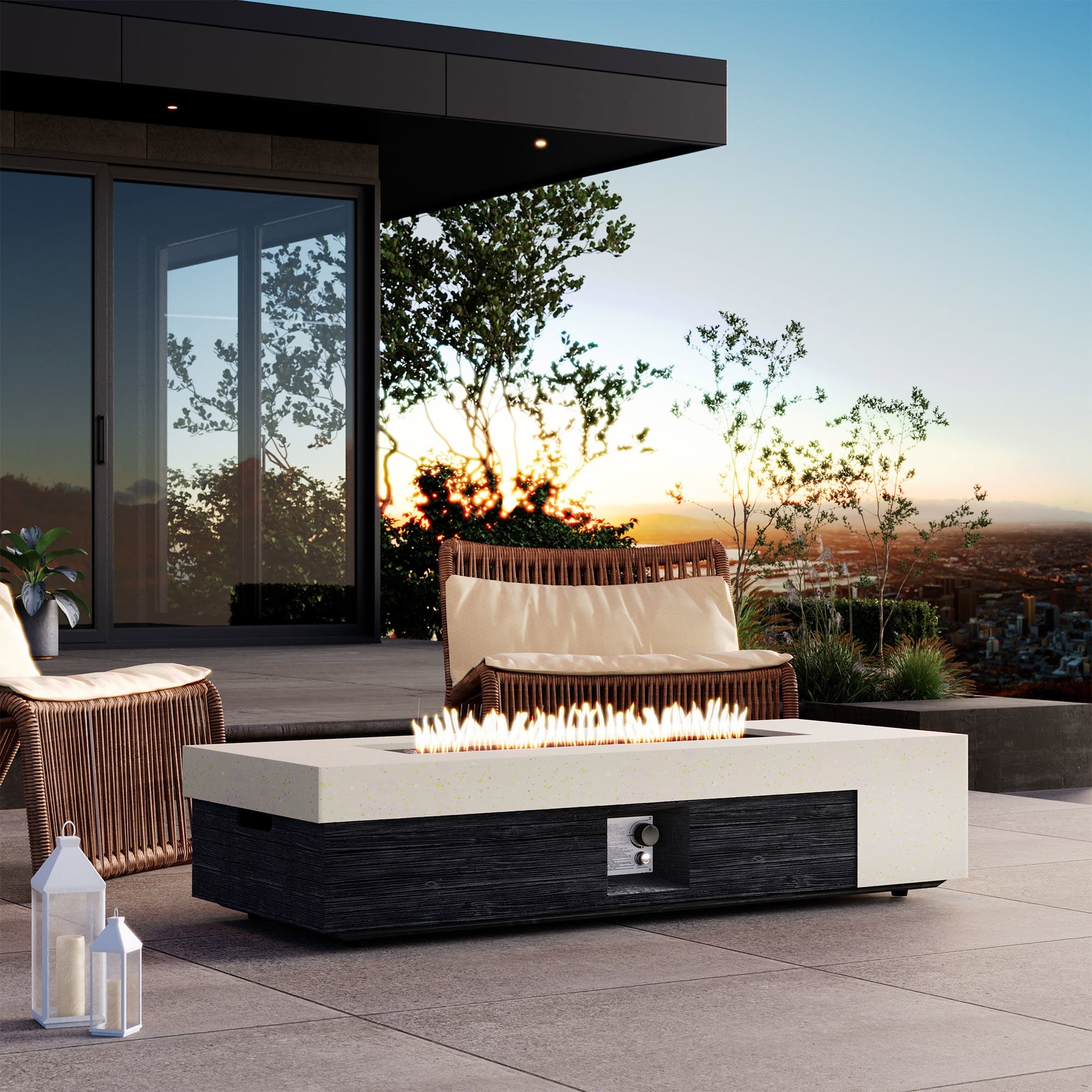 COSIEST Outdoor Concrete Propane Fire Pit Table,Marble & Wood Style Design