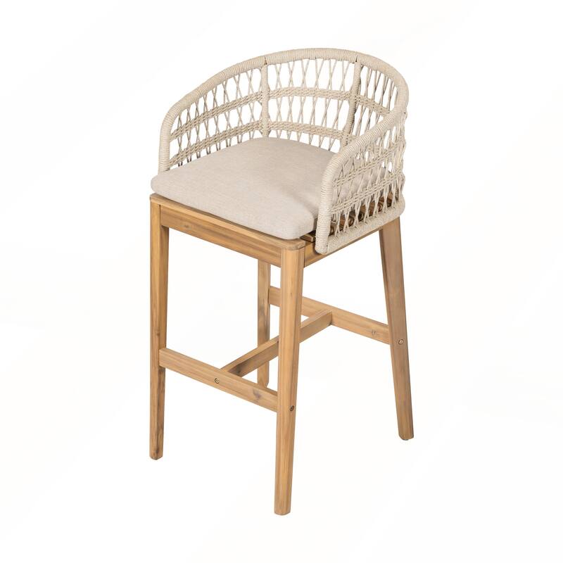Outdoor Wood and Rope Barstool with Beige Cushion Set of 2