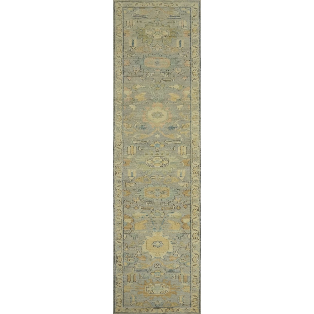 Vegetable Dye Wool Oushak Turkish Runner Rug, Floral Geometric Carpet - 13' 9'' X 2' 10''