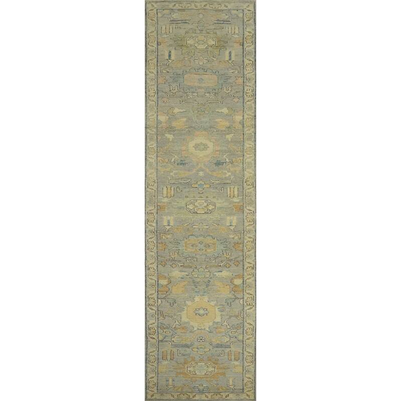Vegetable Dye Wool Oushak Turkish Runner Rug, Floral Geometric Carpet - 13' 9'' X 2' 10''