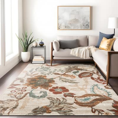 Beige Multi Botanical Scroll Area Rug, Durable for Any Room