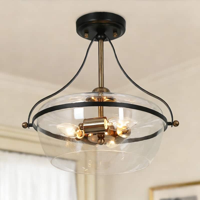 Zelena Modern Farmhouse 3-Light Black Gold Glass Bowl Semi-flush Mount Ceiling Lights