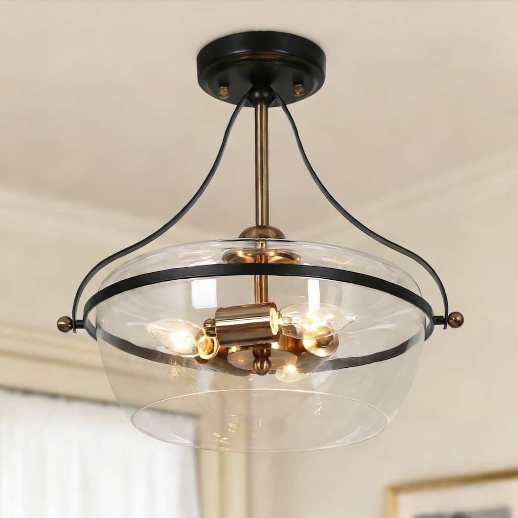 Zelena Modern Farmhouse 3-Light Black Gold Glass Bowl Semi-flush Mount Ceiling Lights