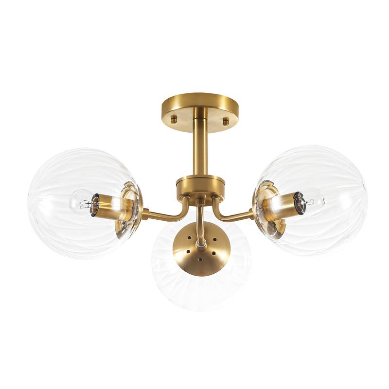 3-Light Mid-Century Modern Gold Sputnik Semi-Flush Mount Light with Clear Ribbed Glass Globe for Living Room, Entryway