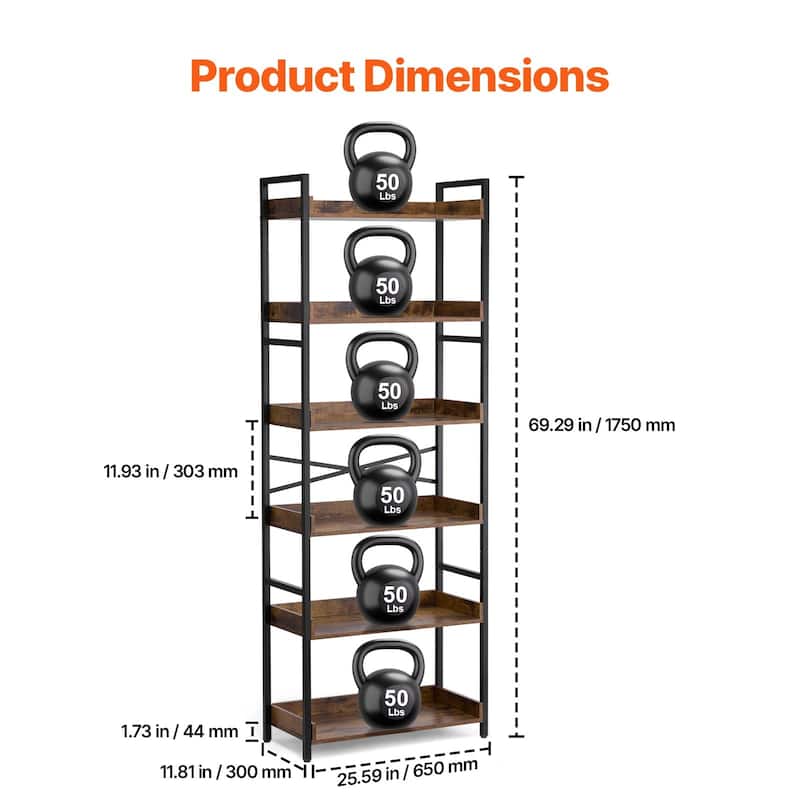 6-Tier Rustic Bookshelf with Black Metal Frame and Open Storage Space Perfect for Any Room - 25.59" x 11.81" x 69.29"