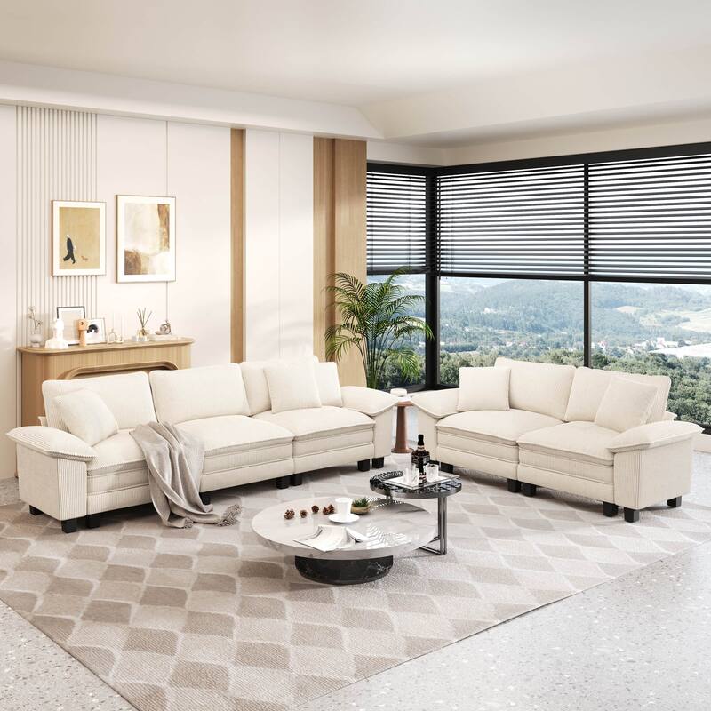 MAISON ARTS 2-Piece Chenille & Corduroy Sofa Set, Comfy 3/4/5-Seater Modular Loveseat & Armchair with Throw Pillows - Beige Corduroy(5 Pieces) - Left Facing