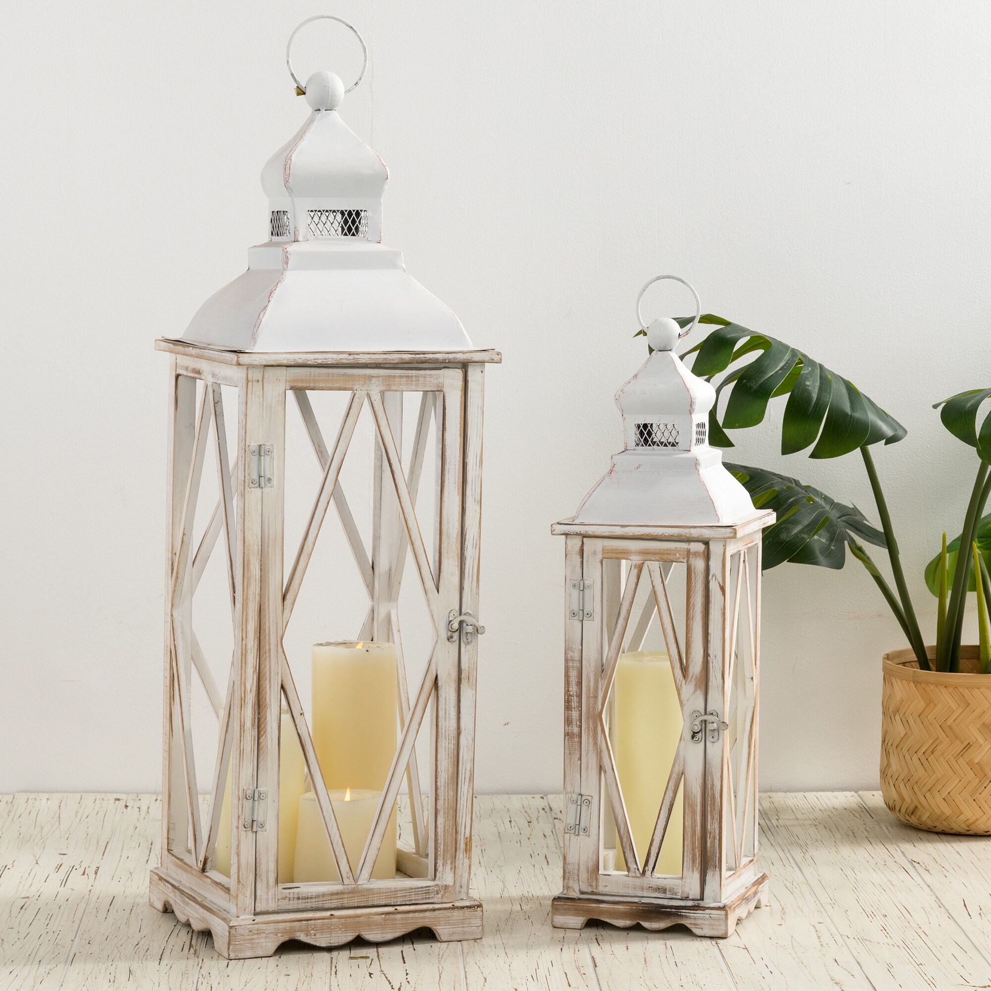 Glitzhome Farmhouse Wooden Metal Lantern Set Of Two Overstock 26265372