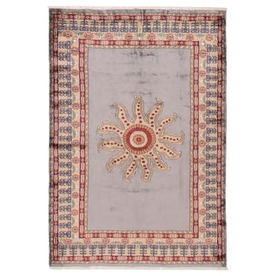 ECARPETGALLERY Hand-knotted Kashmir Grey Silk Rug - 4'10 x 7'0