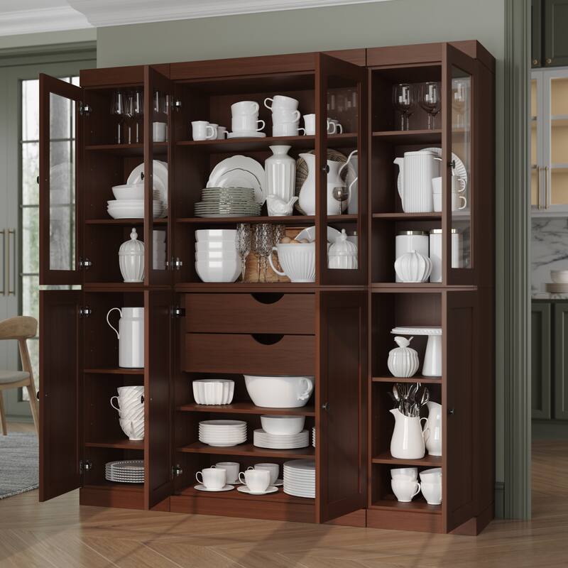Palace Imports 100% Solid Wood 65" Pantry Cabinet with Clear Glass, Shaker Doors, 2-Drawers and Adjustable Shelves - Mocha