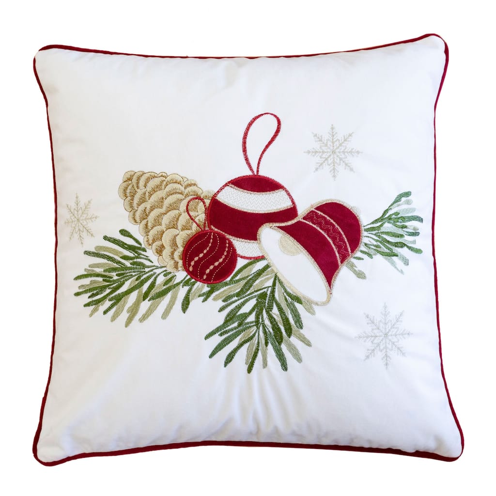 White Christmas Throw Pillow with Pinecone & Ornament Embroidery - 20x20 with Insert