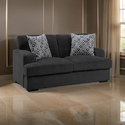 Meadow 68 Inch Loveseat, Gray Microfiber, 2 Pillows, Brown Solid Wood