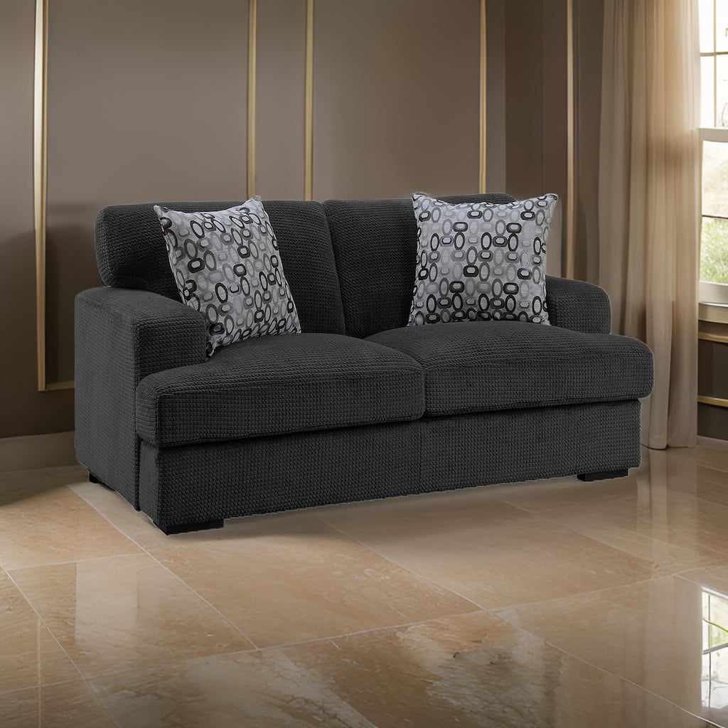 Meadow 68 Inch Loveseat, Gray Microfiber, 2 Pillows, Brown Solid Wood