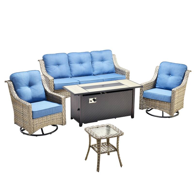 XIZZI 5-Piece Wicker Patio Furniture Set with Sofa, Swivel Chairs & Fire Pit