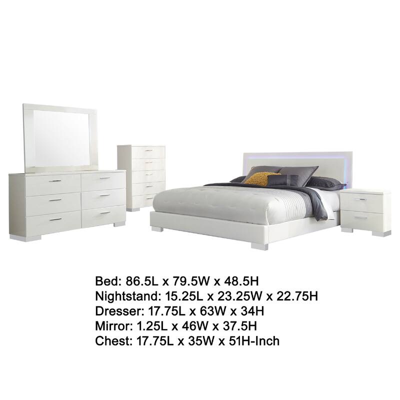 Sok 5pc King Bedroom Set, Faux Leather Upholstery, High Gloss White