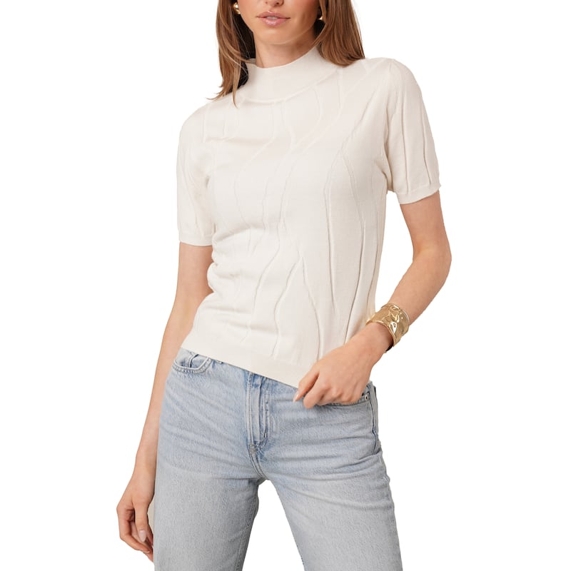 Cyrus Textured Mock Neck Short Sleeve Sweater - L - Cream