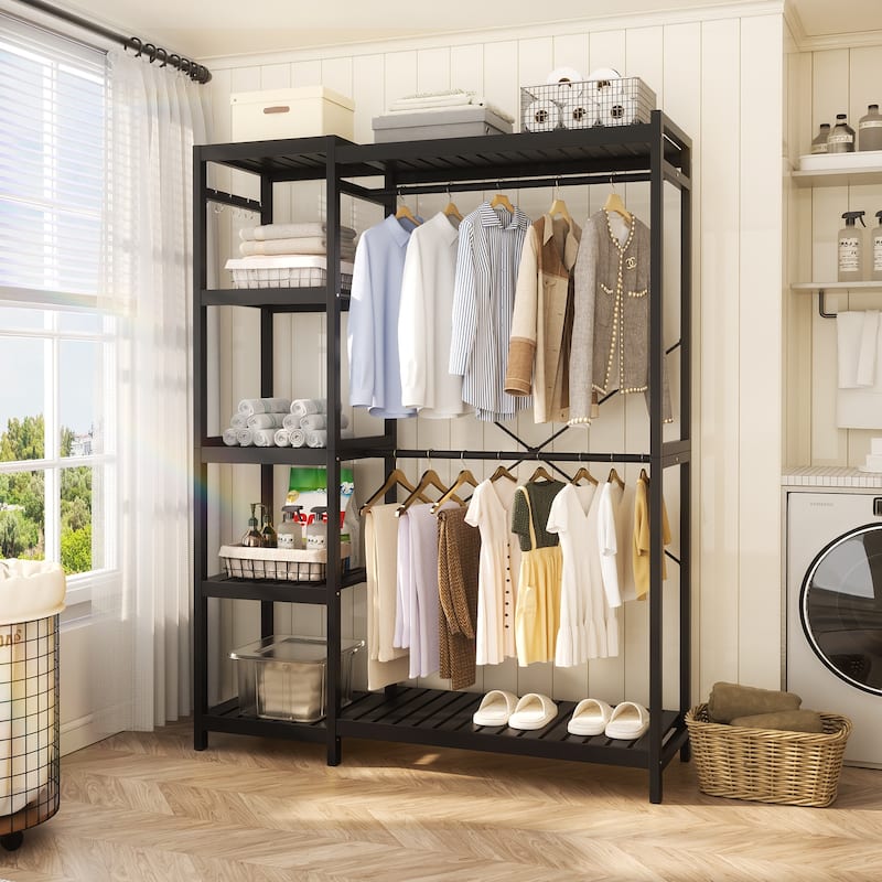 Bamboo Closet System Clothes Rack, Large Freestanding Garment Rack Clothing Rack for Hanging Clothes