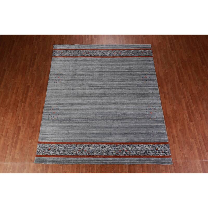 Hand Knotted Oriental Viscose Silk Carpet Tribal Stripe Greys & Charcoal Gabbeh Area Rug - 10' 0'' X 8' 4''