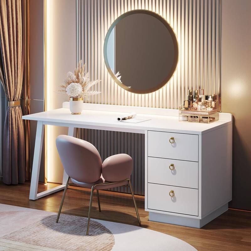 55 Inches White Makeup Vanity Desk with 3 Drawers