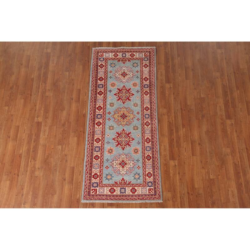 Light Blue Geometric Kazak Runner Rug Hand-Knotted Wool Carpet - 2'8" x 6'6"