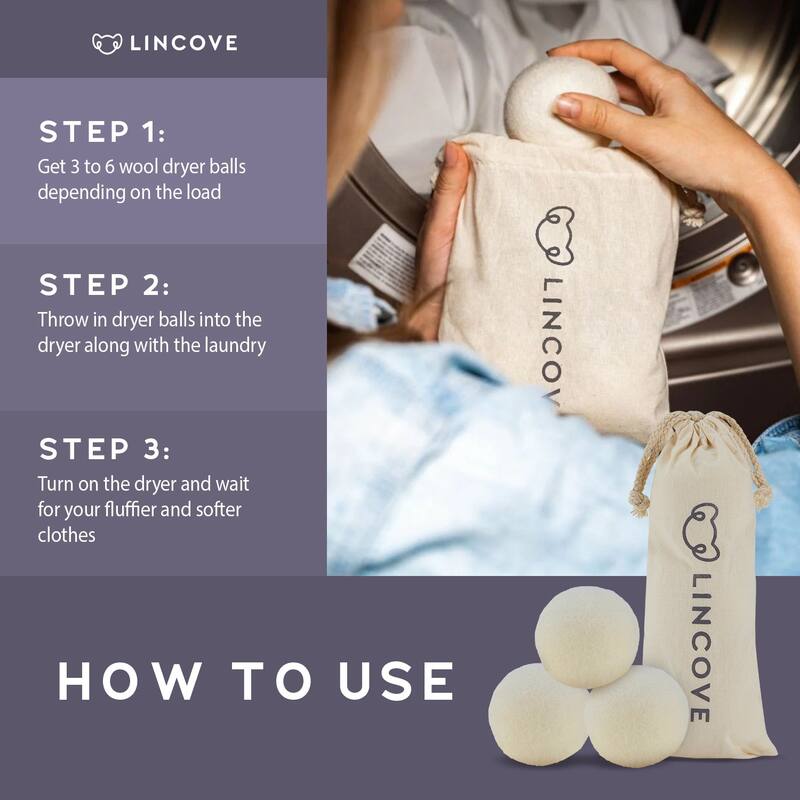 Lincove 100% Organic Wool Dryer Balls - Reusable & Durable, Efficient Drying - 6 Pack
