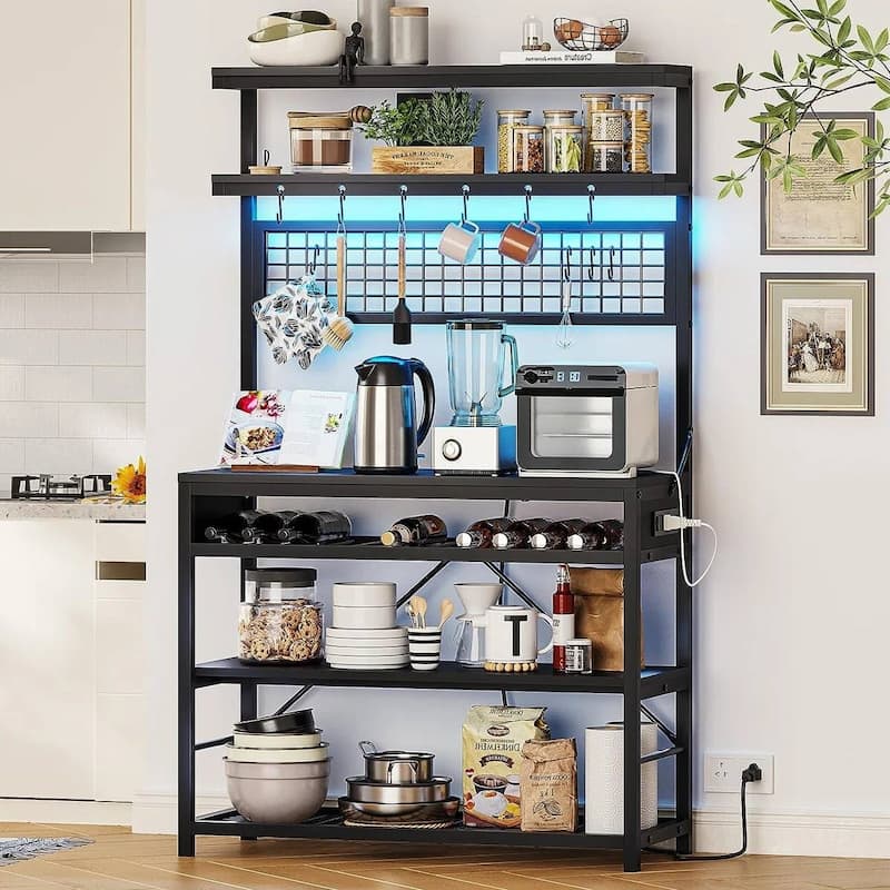6-Tier LED Lighted Bakers Rack with Power Outlet USB Ports and Microwave Shelf Wine Storage - 65.2'' H x 35.4'' W x 15.7'' D