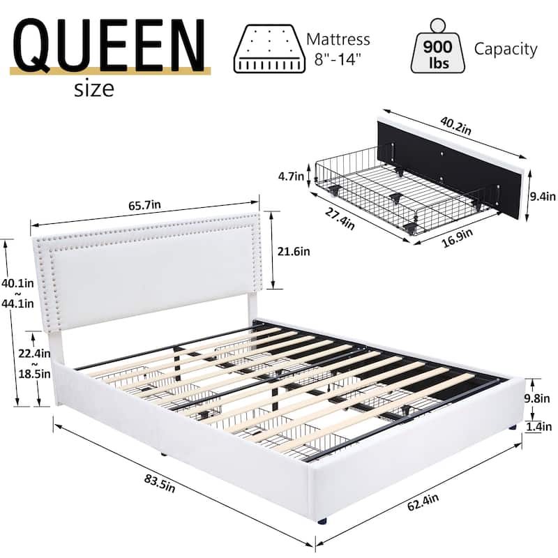 VECELO Upholstered Storage Bed Frames with 4 Storage Drawers Platform Bed Frame with Adjustable Velvet Rivets Headboard