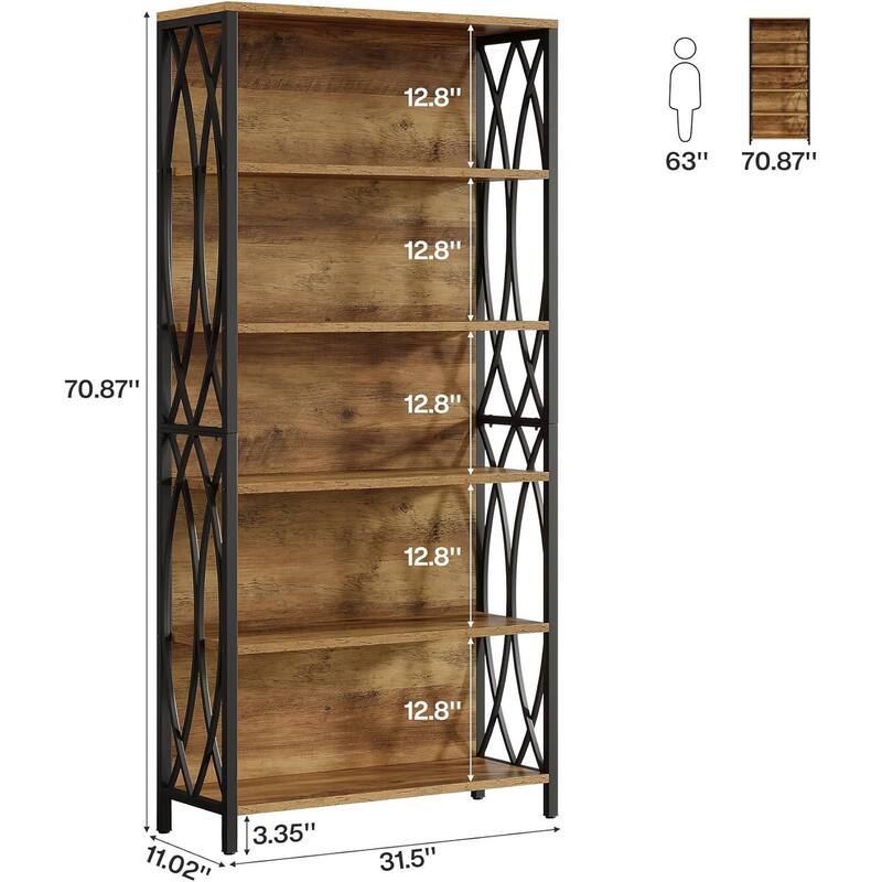 6-Tier Tall Bookshelf, 70.87" Industrial Bookcase with Geometric Metal Frame & Open Storage Shelves