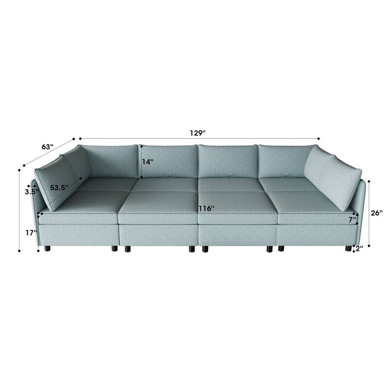 Blue 129'' Convertible 8 Seater Modular Sectional Sofa with Storage Ottoman, Comfortable Sleeper Options