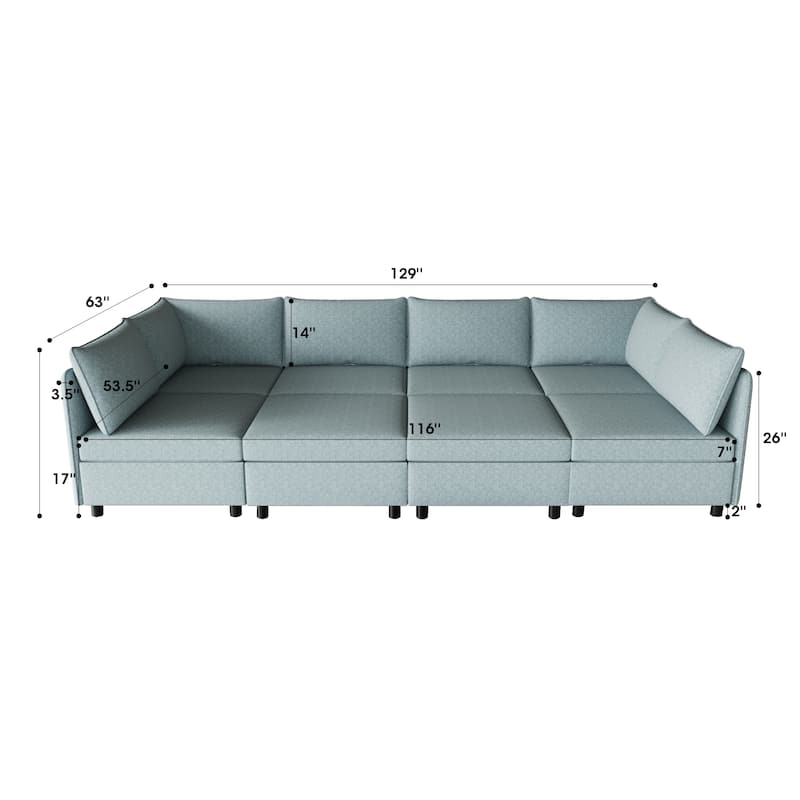 Blue 129'' Convertible 8-Seater Modular Sofa with Storage