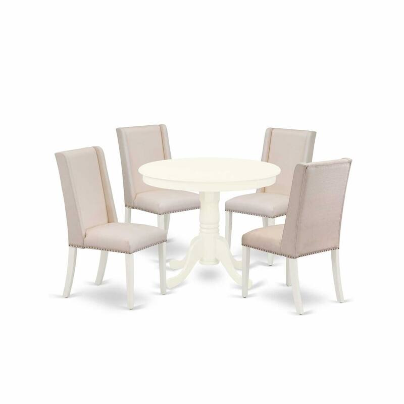 HomeStock 5-Piece Round Linen White Finish Solid Wood Top Dining Table with 4 Parson Chair with Lattice Back