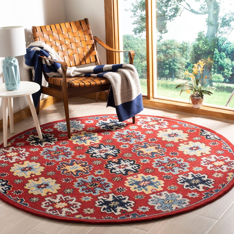 SAFAVIEH Handmade Heritage Floret Damask Traditional Oriental Wool Rug - 6' Round - Red/Blue