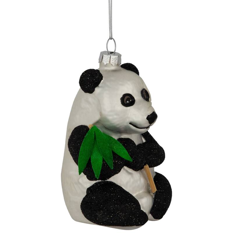 Glittered Panda Bear Glass Christmas Hanging Ornament - 4" - Black and White